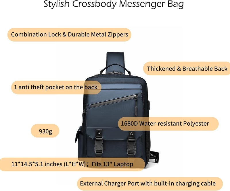 Leaper Crossbody Messenger Bag for Men: 13L Multi-pocket Satchel Sling Shoulder Bags for Travel Daily Work - Women Single Strap Backpack for Cycling, Hiking - Laptop Sling Bag for Men 14 inch,DarkBlue - Image 2
